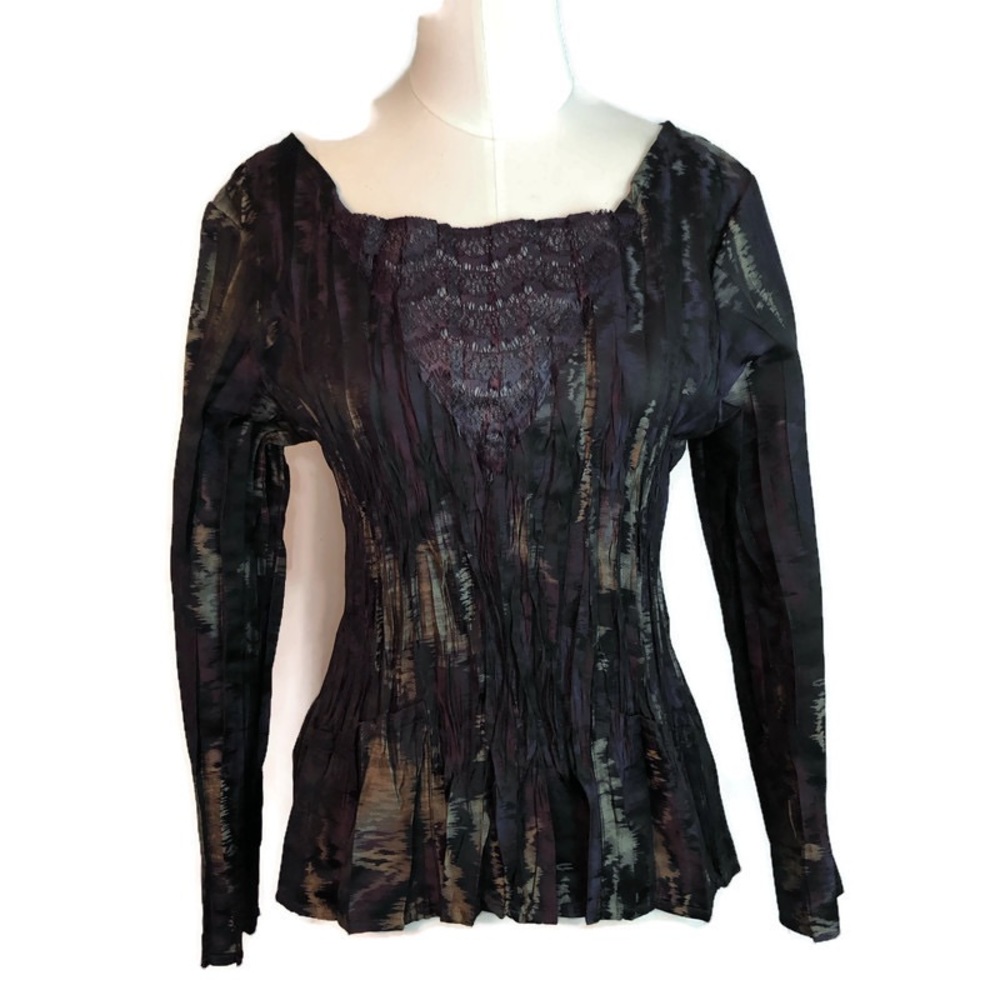Babette Pleated Crinkle Long Sleeve Dark Purple &Black Square Neck Top Petite